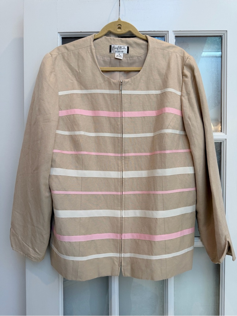 Vintage Marry McFadden Collection Linen Jacket Plus Size 16 Beige Stripe Zip Up
